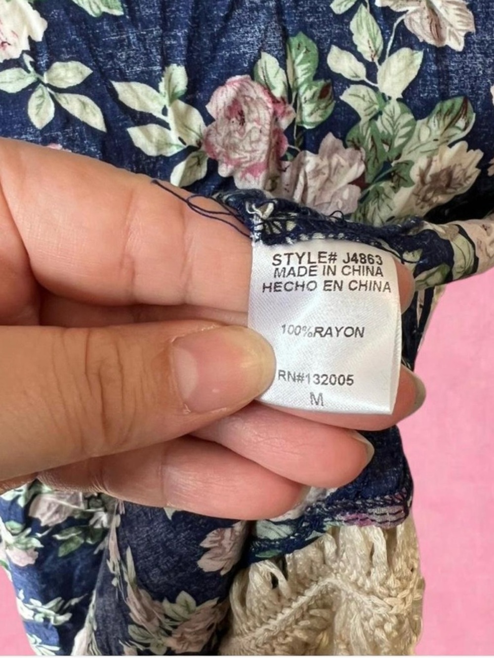 entro Navy Blue Floral Dress Top with Cream and Pink Roses - Picture 8 of 8